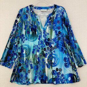 Barbara Katz XL Blue Artsy Abstract Y Neck Stretch 3/4 Sleeve Relaxed Blouse